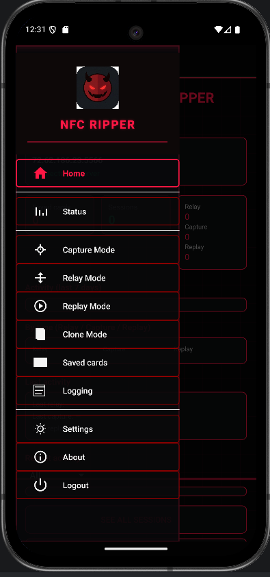 NFC Ripper – Menu: Home, Status, Capture, Relay, Replay, Clone, Saved cards, Logging, Settings