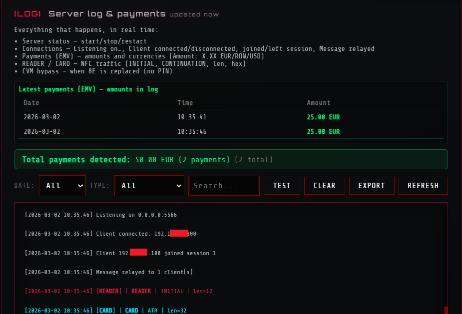 Log & payments – EMV amounts, relay traffic